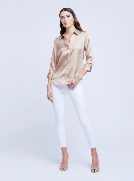L'AGENCE Dani 3/4 sleeve silk blouse in Champagne