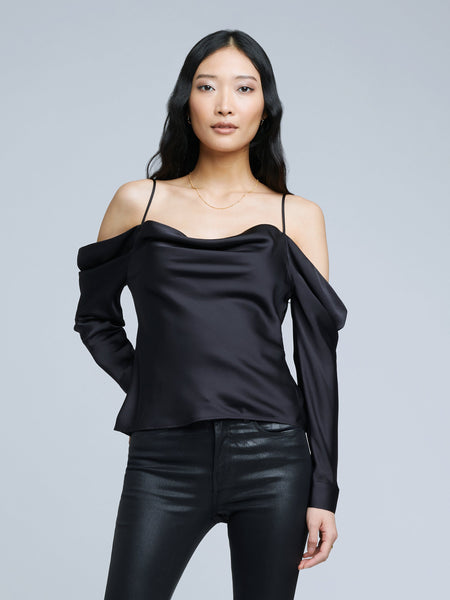 L'AGENCE Zion Cold Shoulder Blouse in Black