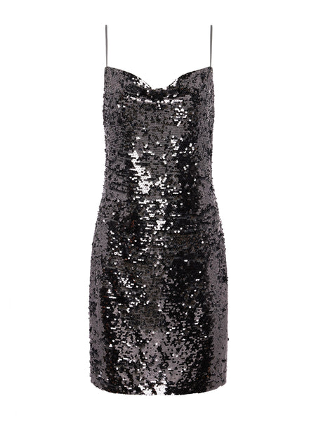 L'AGENCE Nyla Cowl Neck Sequin Slip Dress in Gunmetal