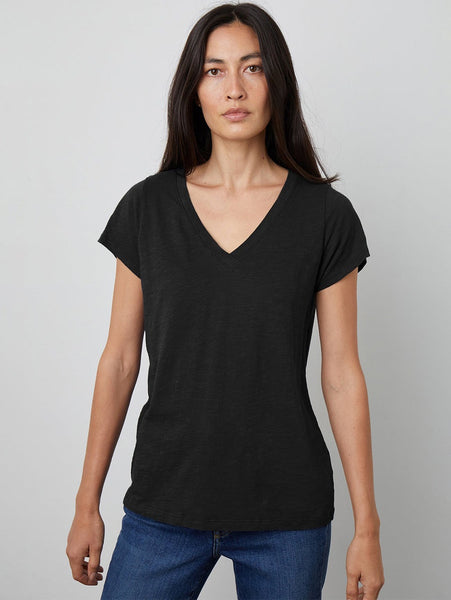 Velvet Jill Cotton Slub V-Neck Tee - black and white