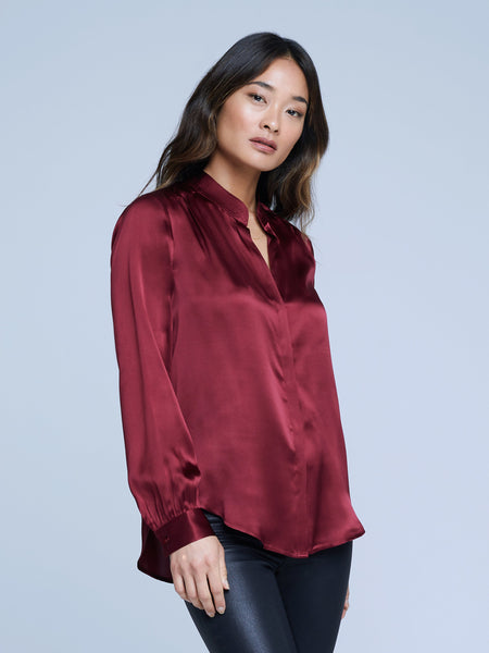L'AGENCE Bianca Band Collar Blouse in Black Cherry