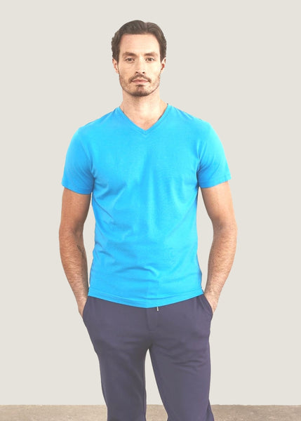 Patrick Assaraf Pima Cotton Stretch V Neck T-Shirt - Light Blue