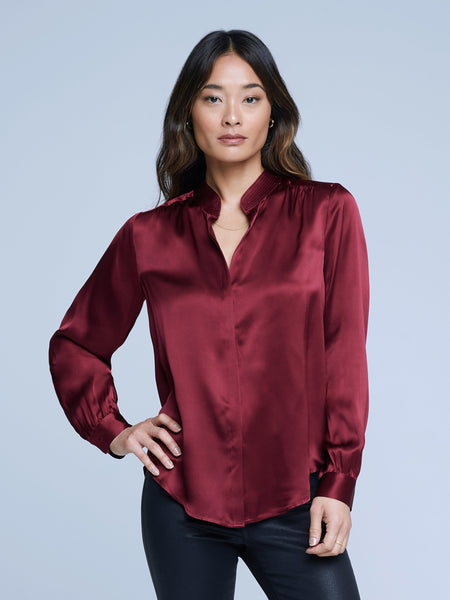 L'AGENCE Bianca Band Collar Blouse in Black Cherry