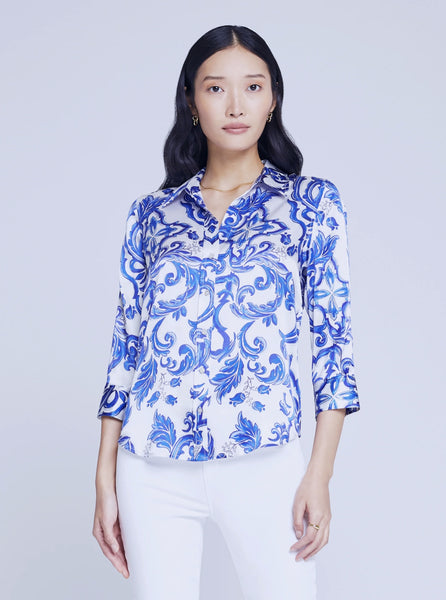 L'AGENCE Dani 3/4 Sleeve Blouse in White Mediterranean