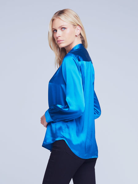 L'AGENCE Bianca Band Collar Blouse in Teal