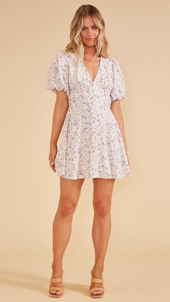 Mink Pink Hailey Mini Floral short sleeve dress in Ivory