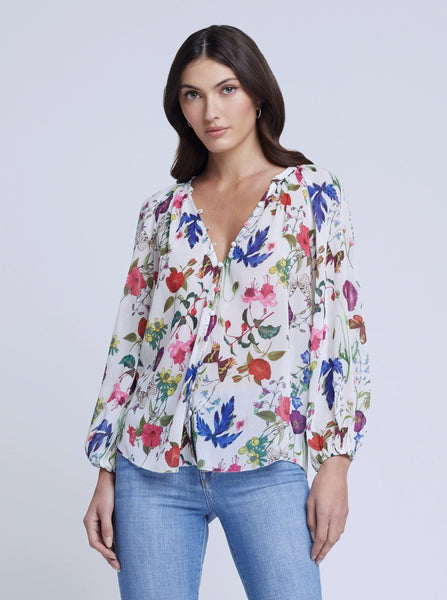 L'AGENCE Teagan Dolman Sleeve Blouse in Ivory Multi