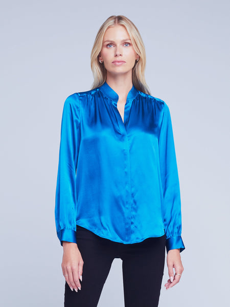 L'AGENCE Bianca Band Collar Blouse in Teal