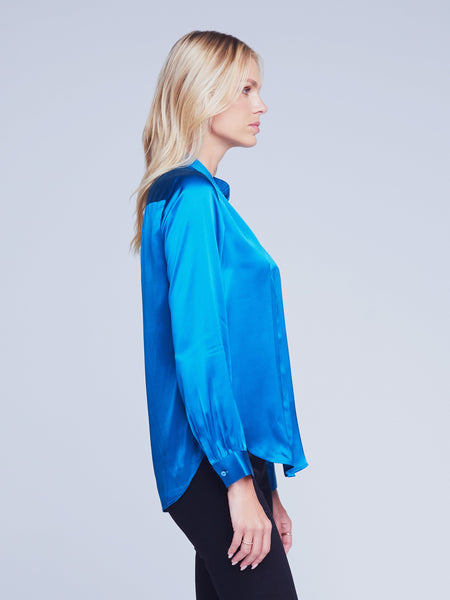 L'AGENCE Bianca Band Collar Blouse in Teal