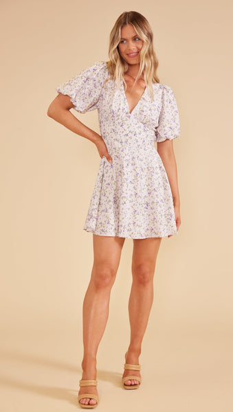 Mink Pink Hailey Mini Floral short sleeve dress in Ivory