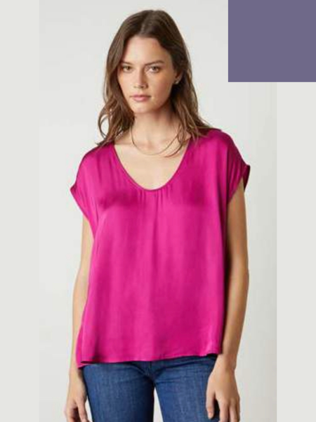 Velvet Kali Satin Viscose Capsleeve Scoop Top in Steel