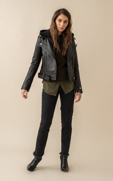 Soia & Kyo Elisha Leather Jacket with Removable Hood in Black