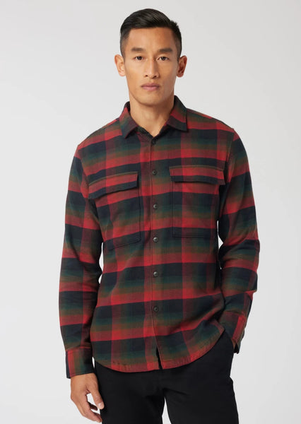 Good Man Brand Stadium Shirt Jacket in Brushed Flannel -Black Red Fine Check
