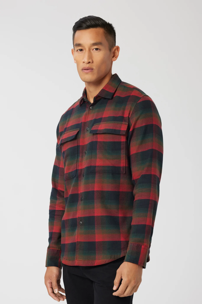 Good Man Brand Stadium Shirt Jacket in Brushed Flannel -Black Red Fine Check