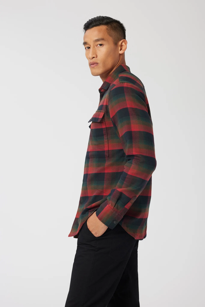 Good Man Brand Stadium Shirt Jacket in Brushed Flannel -Black Red Fine Check