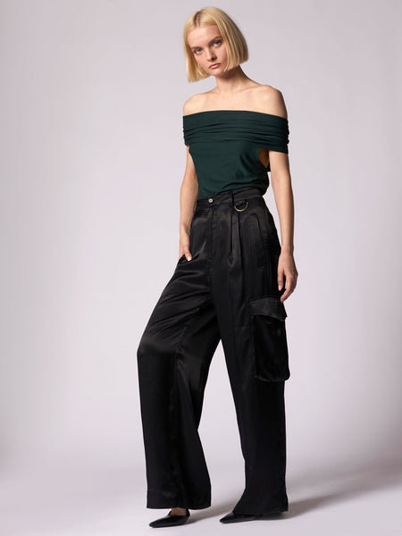 EQUIPMENT Yelena Off Shoulder Top in Scarab Green