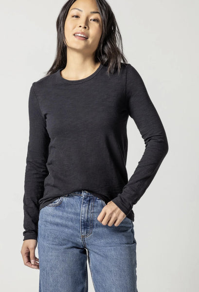 Lilla P Long Sleeve Slub Crewneck in Black