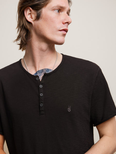 John Varvatos Quincey SS Slub Henley with Peace Sign - Black