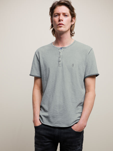 John Varvatos Quincey SS Slub Henley with Peace Sign - Medium Grey