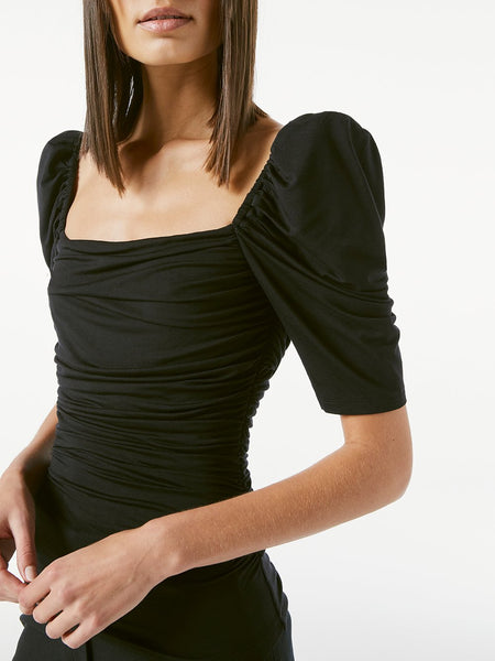 FRAME Betty Rouched Knit Top in Black