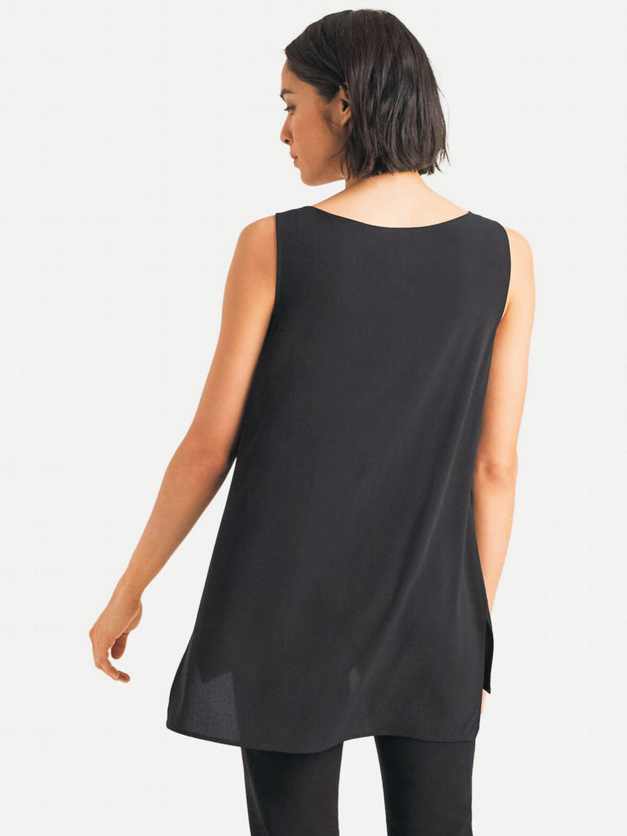 Eileen Fisher System Silk Crepe Neck Long Shell - Black or Bone