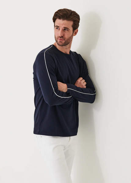 Patrick Assaraf Pima Cotton Stretch Piped Long Sleeve  - Midnight