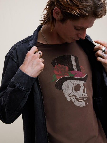 John Varvatos SS Raw Edge Tee Vintage Wash - Skull Top Hat - Mocha
