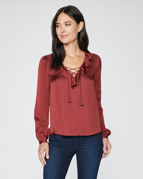 Paige Ilara Ruffle Neck Blouse in Burgundy