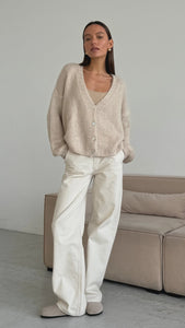 Charli Ruby Fluffy Wool Blend Cardigan in Stone