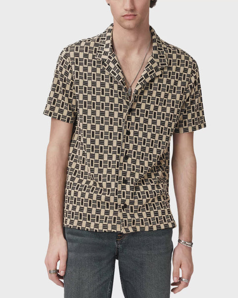 John Varvatos SANFORD S/S Camp Collar Shirt in Bold Jacquard - Light Khaki