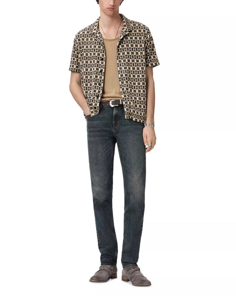 John Varvatos SANFORD S/S Camp Collar Shirt in Bold Jacquard - Light Khaki