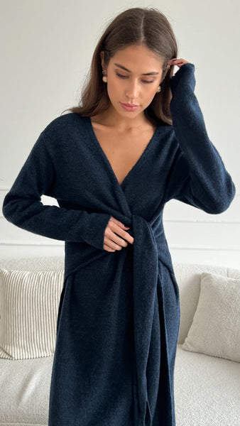 Charli Keira tie front soft wool blend dress in midnight