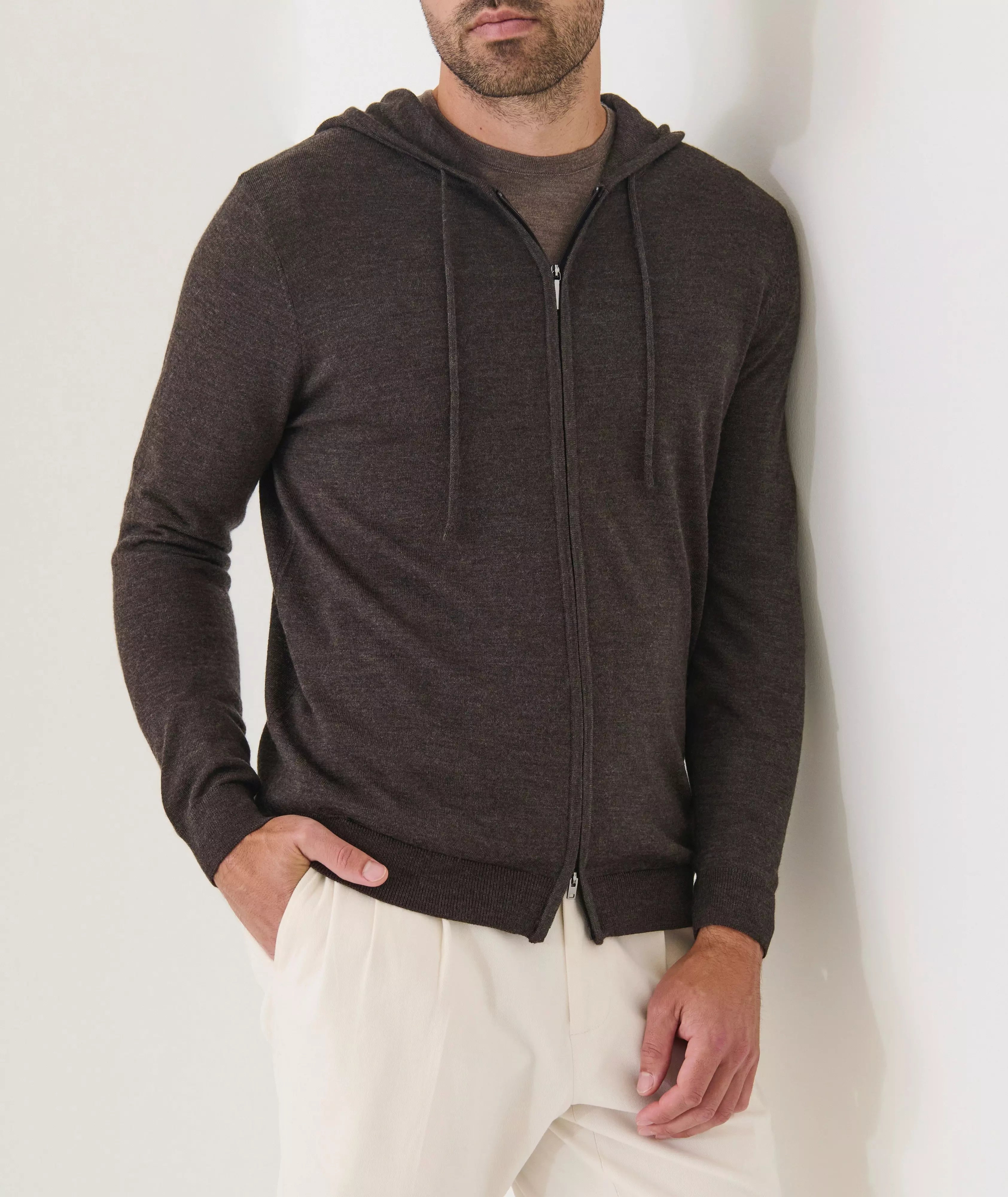 Patrick Assaraf Extra Fine Merino Vintage Zip Hoodie - Chocolate