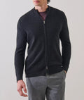Patrick Assaraf Textured Rib Full-Zip Mock Cardigan - Noir