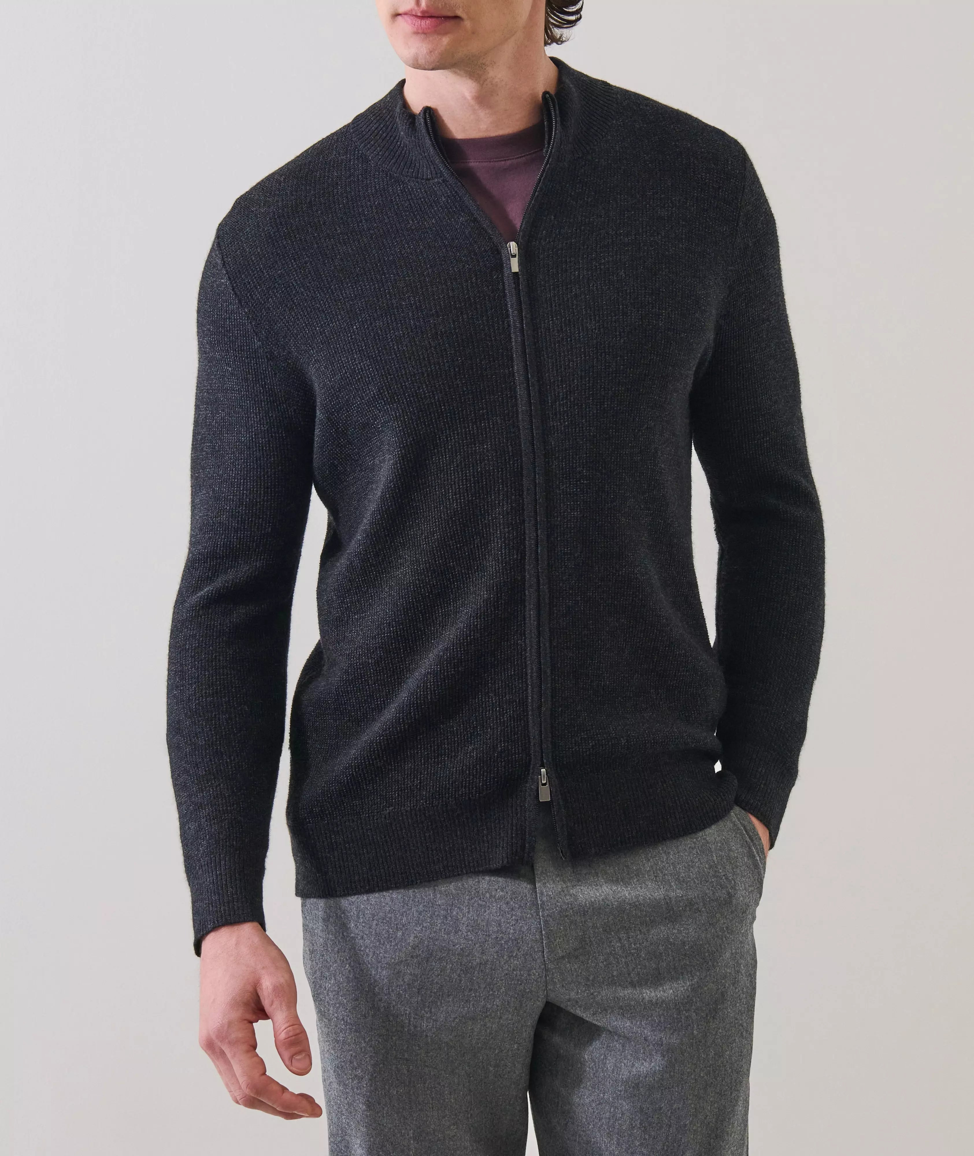 Patrick Assaraf Textured Rib Full-Zip Mock Cardigan - Noir