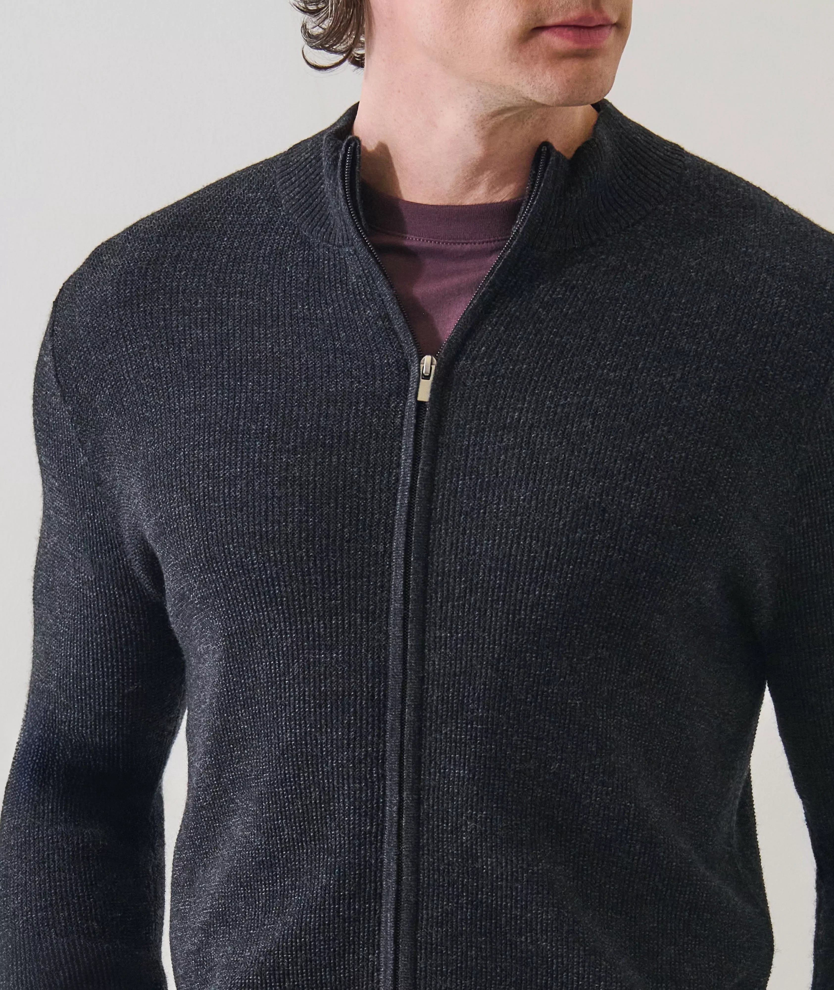 Patrick Assaraf Textured Rib Full-Zip Mock Cardigan - Noir