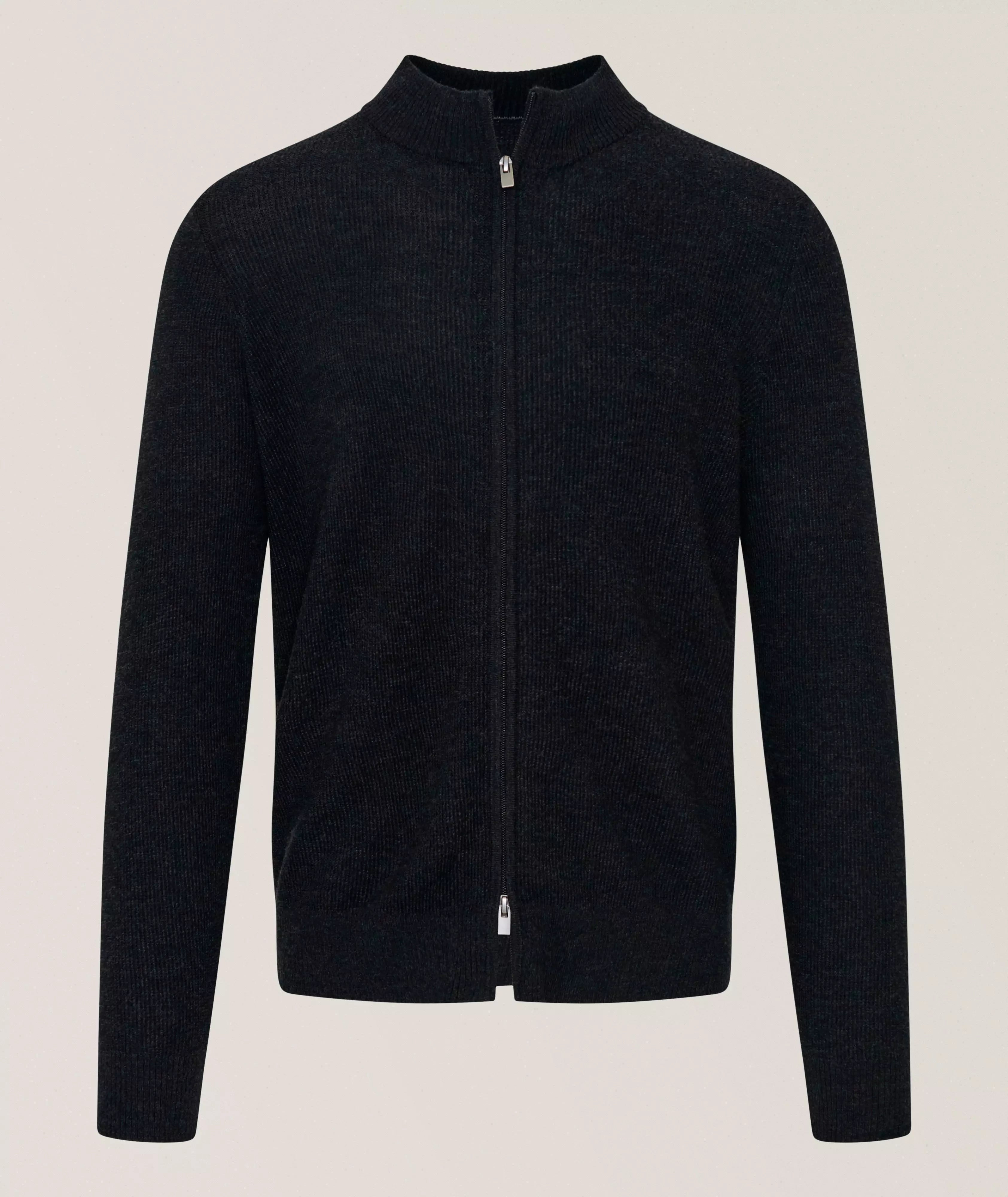 Patrick Assaraf Textured Rib Full-Zip Mock Cardigan - Noir