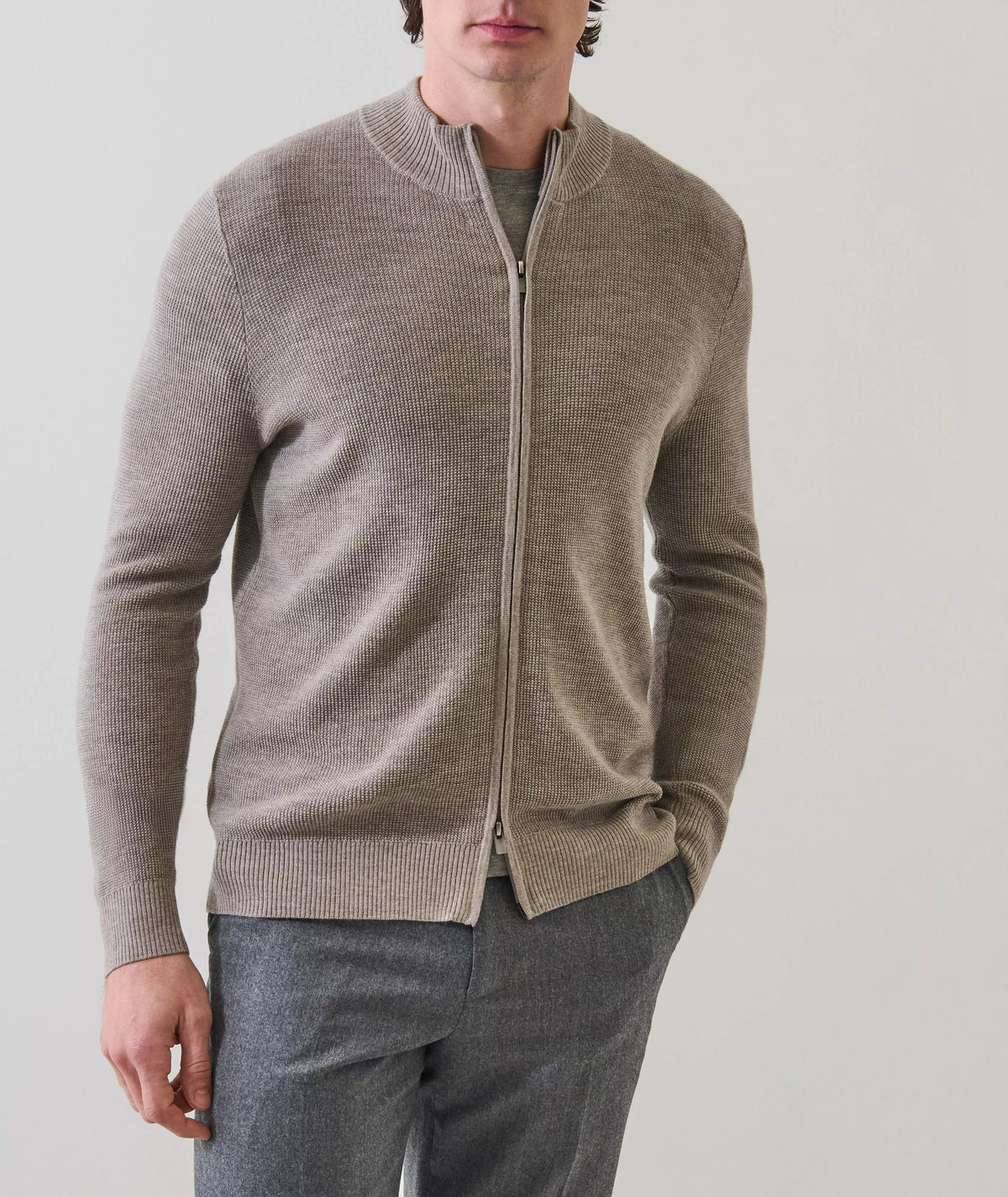 Patrick Assaraf Textured Rib Fill Zip Mock Cardigan - Cafe