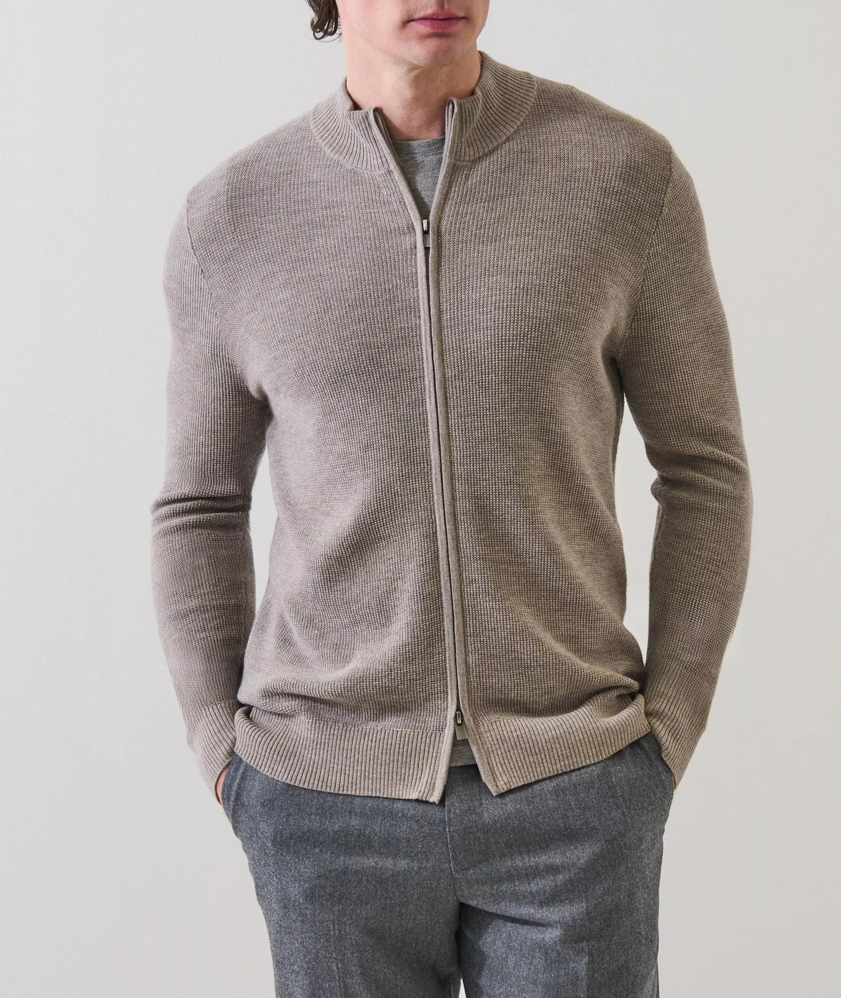 Patrick Assaraf Textured Rib Fill Zip Mock Cardigan - Cafe