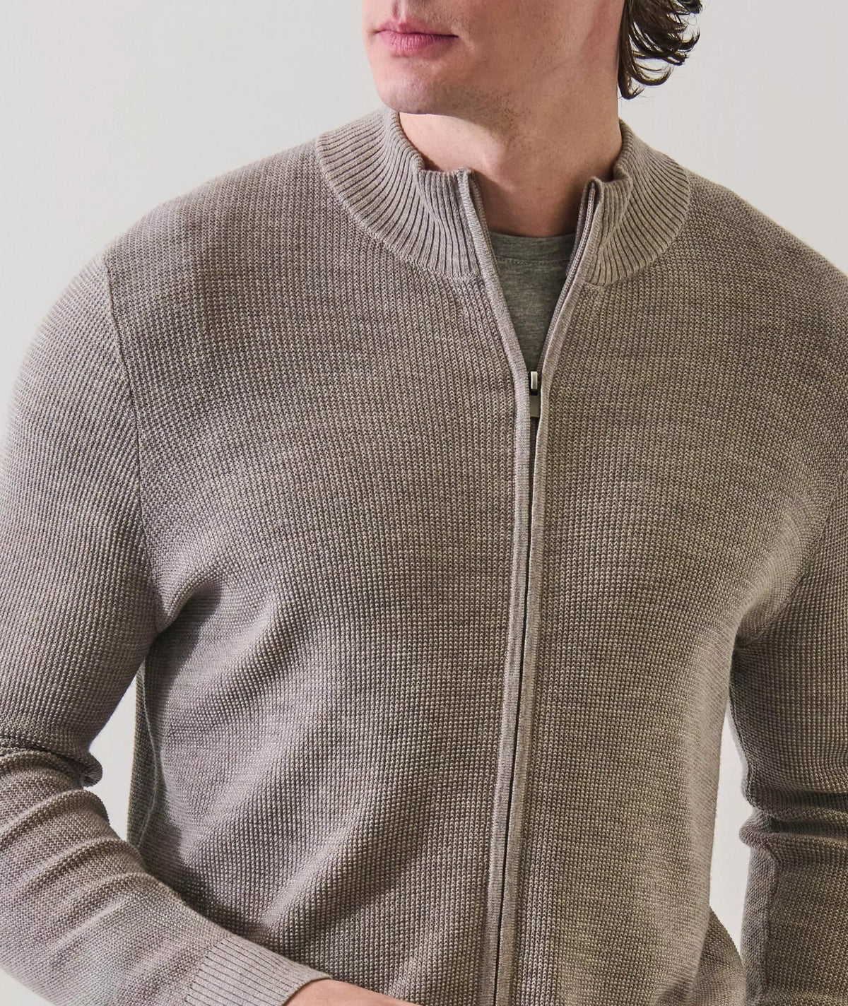 Patrick Assaraf Textured Rib Fill Zip Mock Cardigan - Cafe