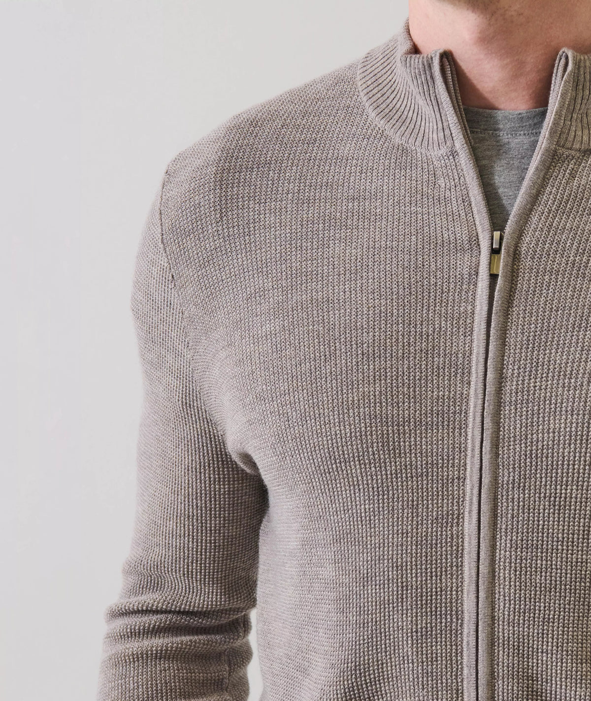 Patrick Assaraf Textured Rib Fill Zip Mock Cardigan - Cafe