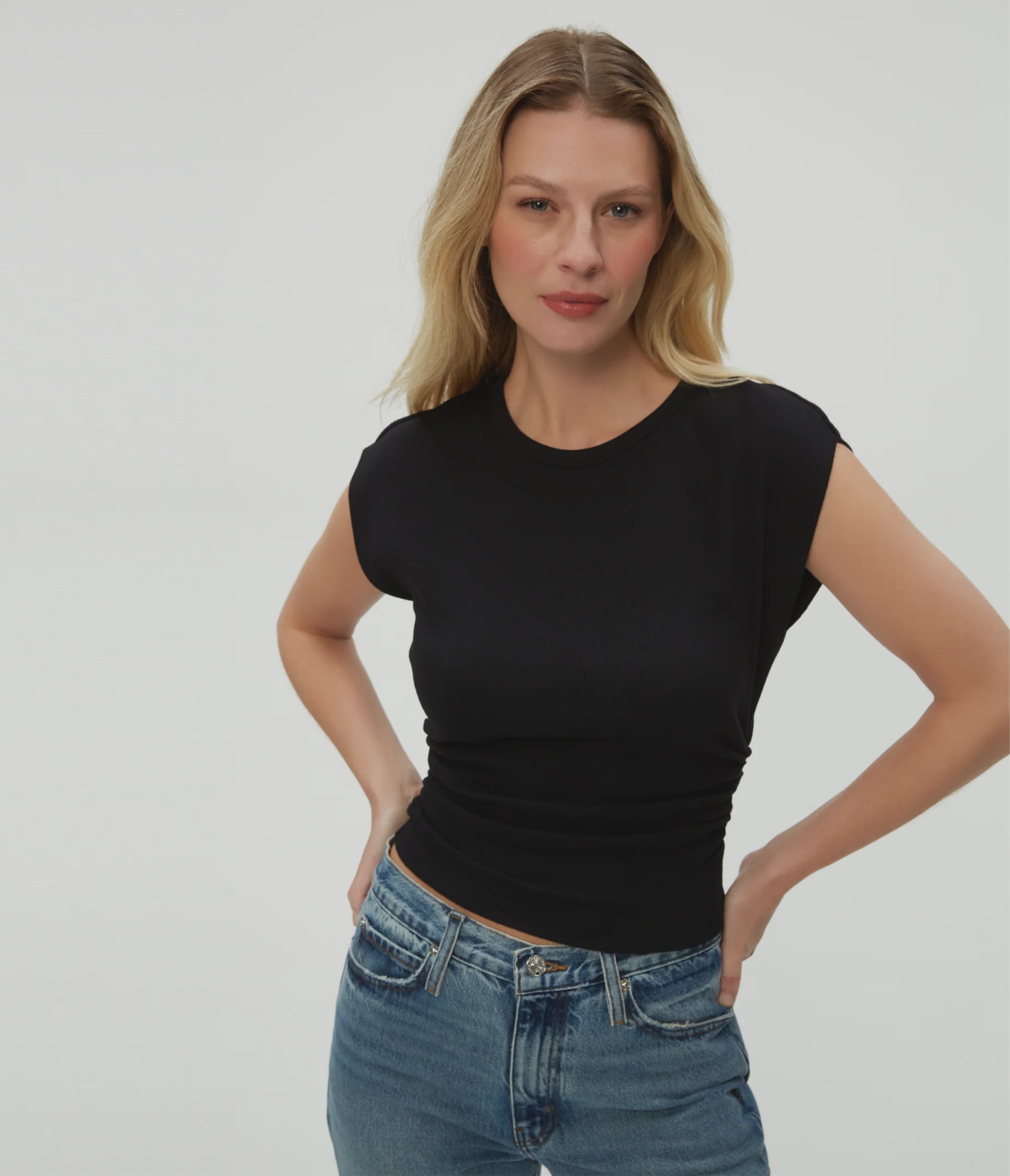 michael stars Joni Power Shoulder Crew T-Shirt in Black