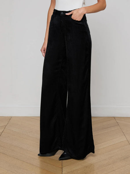 L'AGENCE Quincy Hi Rise Wide Leg Velvet Cord in Black