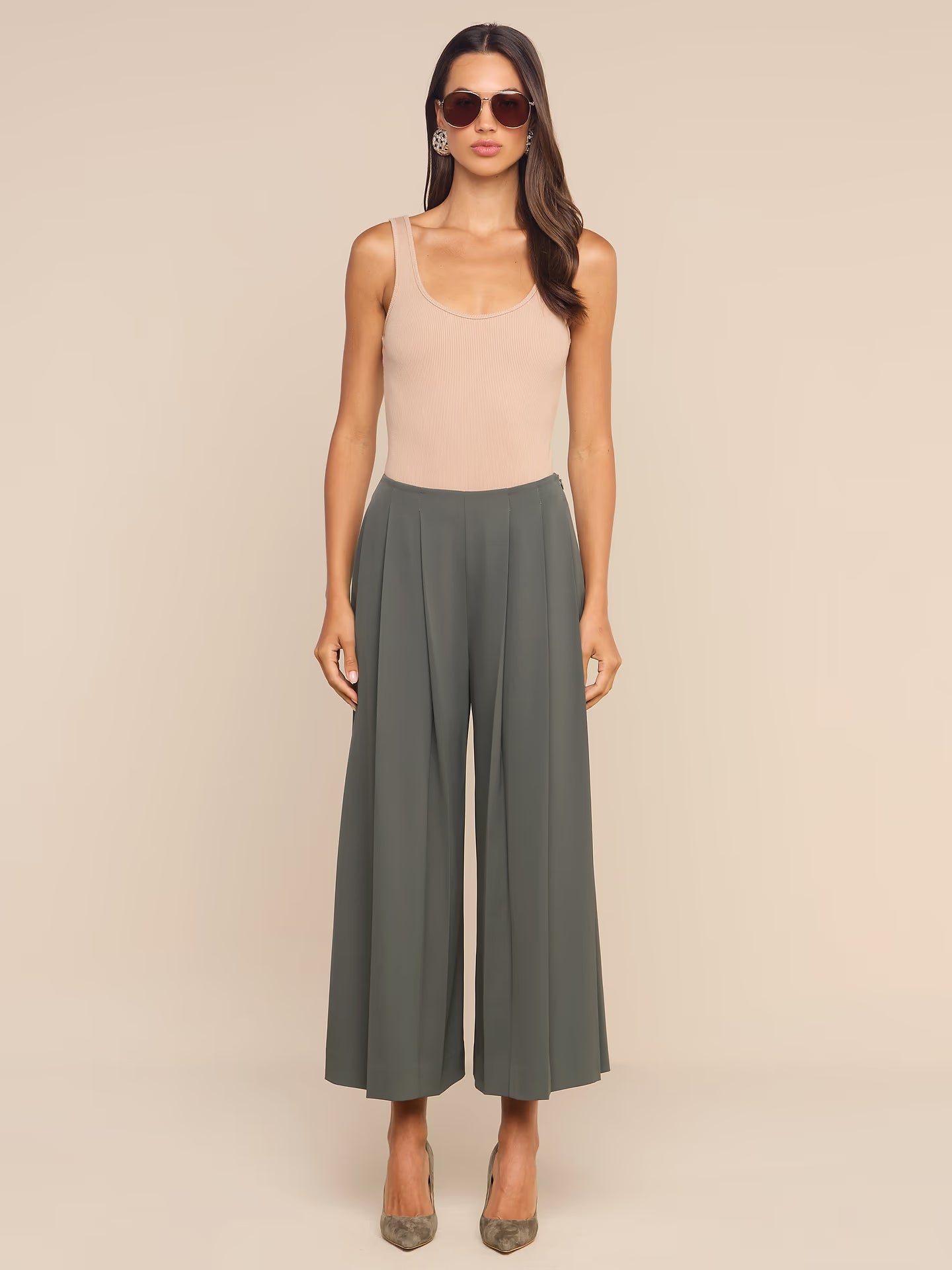 L’AGENCE Novalynn Crop Pleated Wide Pant In Ash Olive
