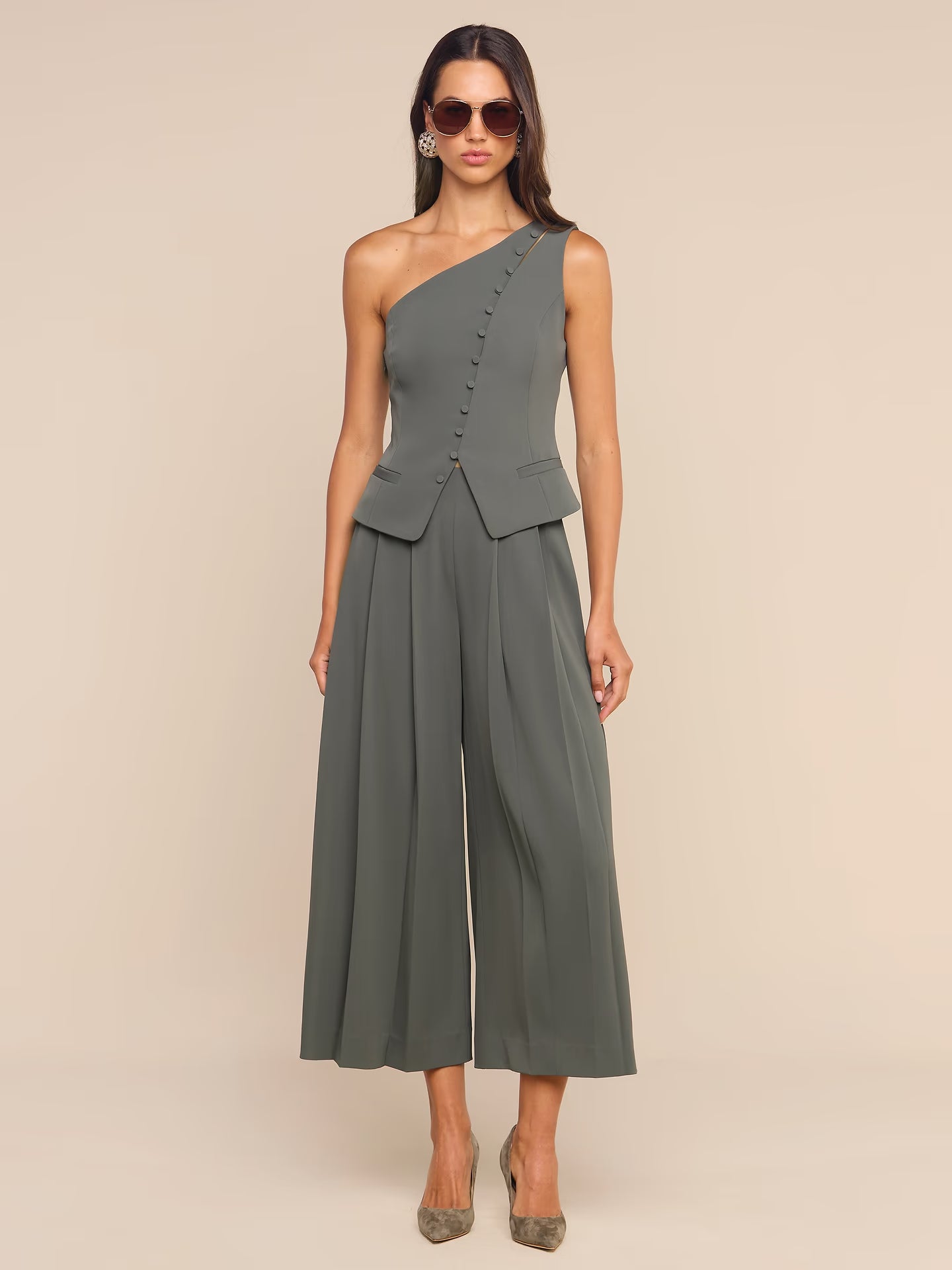 L’AGENCE Novalynn Crop Pleated Wide Pant In Ash Olive