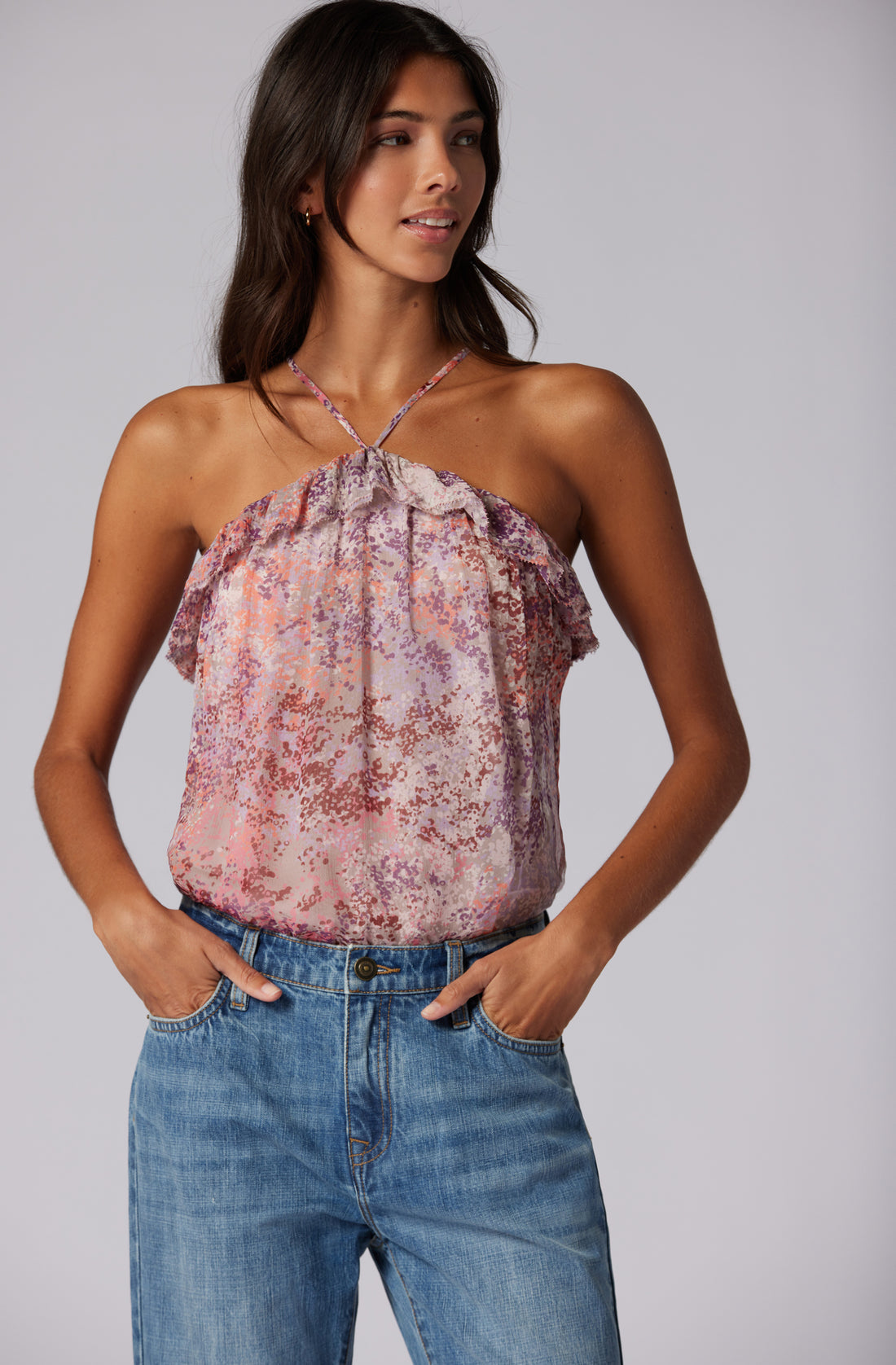 Joie Britta silk halter tank taupe grey multi