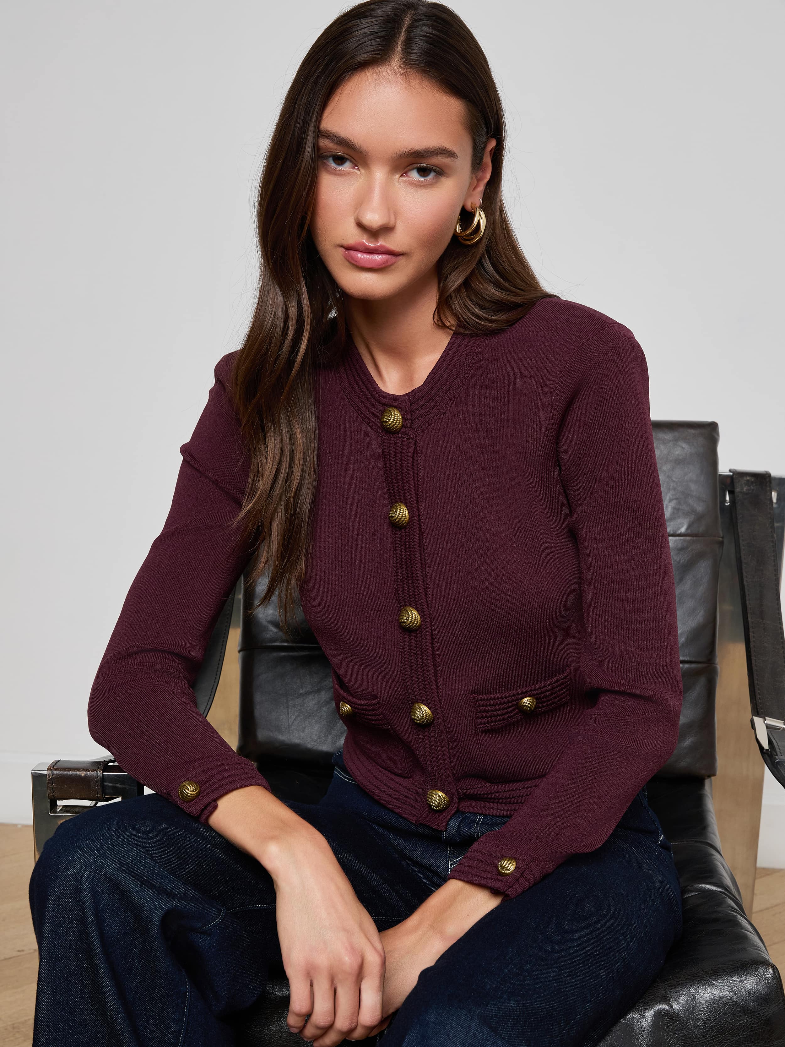 L'AGENCE Patsy Crop Crew Cardigan in Malbec/Gold
