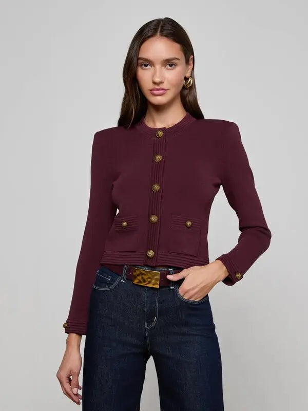L'AGENCE Patsy Crop Crew Cardigan in Malbec/Gold