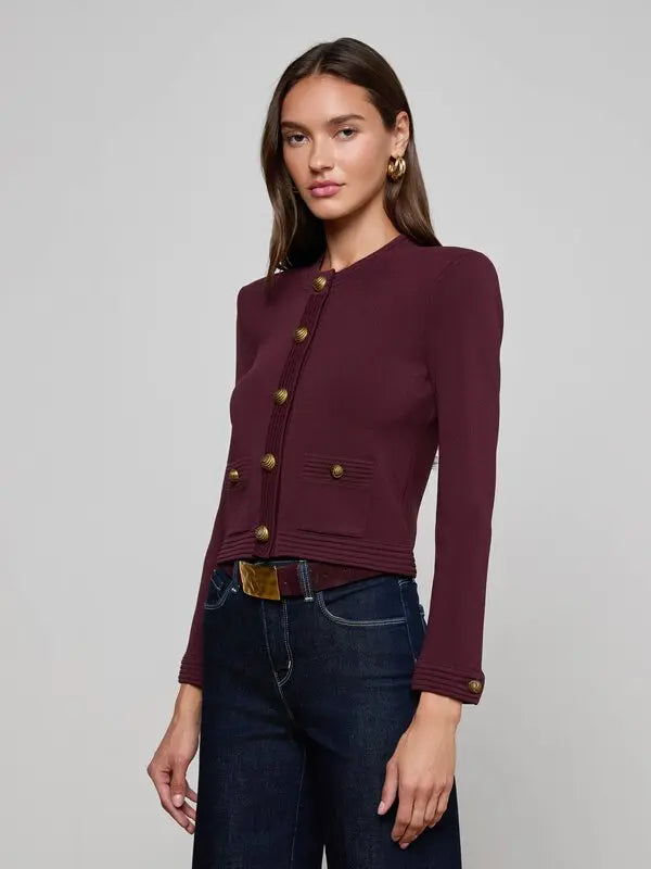 L'AGENCE Patsy Crop Crew Cardigan in Malbec/Gold