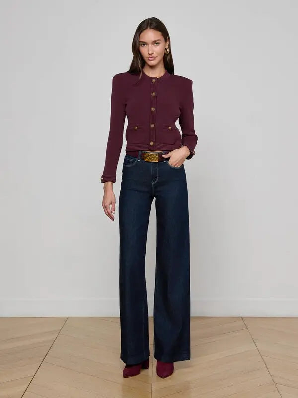 L'AGENCE Patsy Crop Crew Cardigan in Malbec/Gold